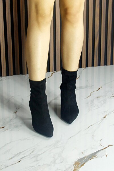 Erkan Saçmacı Kimberly Siyah Süet Streç Sivri Burun Fermuarlı İnce Topuklu Günlük Bot