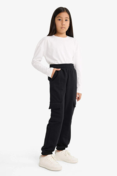 DeFacto E6928 Black Girls' Elastic Waist Cargo Jogger Sweatpants