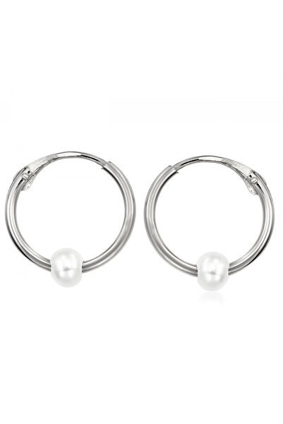 KALINI 14K White Gold Earrings, Medium Hoops with Pearl, 10 mm