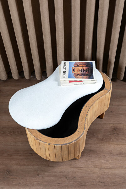 Aberteka Real Sandıklı Puf/Bench Doğal Ahşap Kaplamalı Meşe Renk, Beyaz Mikro Fiber Bukle Kumaş