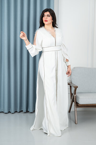 Lara Luxurious white jumpsuit with feather detailing on the shoulders