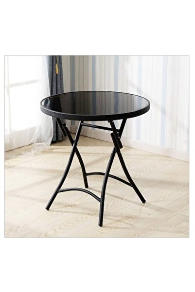 OEM Round folding table with tempered glass, Ø60 cm, modern design, black