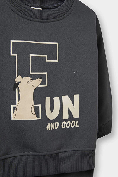 DeFacto E8994 Gri Erkek Bebek 2'li Takım Baskılı Sweatshirt Eşofman Altı