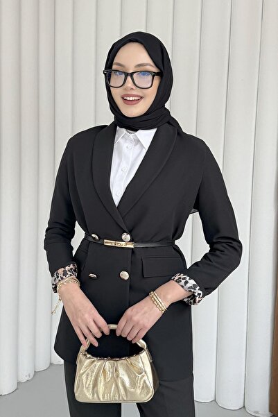 Modaensarbutik Şal Yaka Astarı Leopar Kruvaze Yaka Ceket-SİYAH