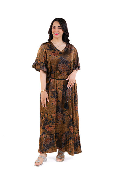 amaan Women's Modern Floral Print Galaxy Fabric Midi Jalabiya Flutter Sleeves, Dress with Rope Tie Belt