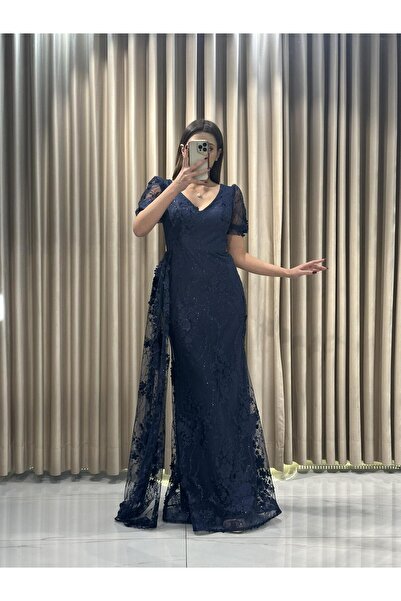 Kaleiçi Yıldızlar Lacivert Dantel Desen Yeni sezon Kısa Kol Abiye 5679