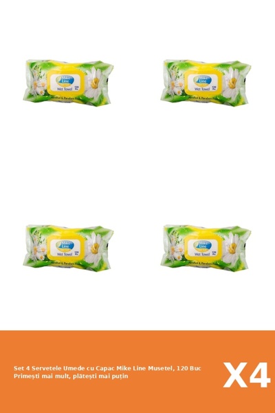 WET WİPES Set 4 Servetele Umede cu Capac Mike Line Musetel, 120 Buc