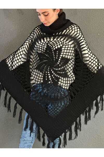 Gönülden Tasarım Knitted Tricot Motifed Tasseled High Neck Poncho Shawl