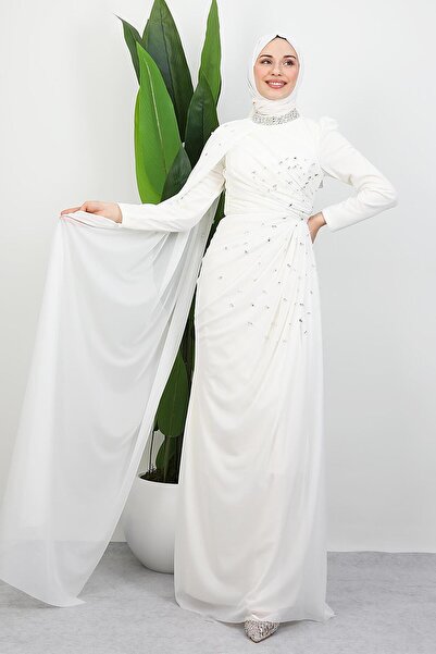 GİYZAMİLA Asrın Boncuk Abiye Kırık Beyaz