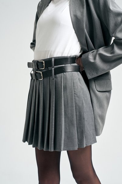 QUREKLİ Women's Gray Belt Detailed Pleated Regular Waist Skirt