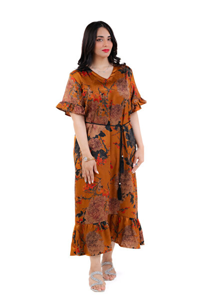 amaan Women Elegant Galaxy Fabric Jalabiya Midi Dress, Ruffle Sleeves, Tradit...