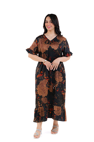 amaan Women Elegant Galaxy Fabric Jalabiya Midi Dress, Ruffle Sleeves, Traditional Arabic Style, Rope Belt