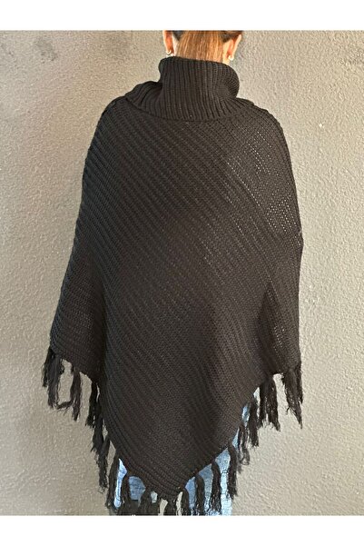 Gönülden Tasarım Knitted Tricot Motifed Tasseled High Neck Poncho Shawl