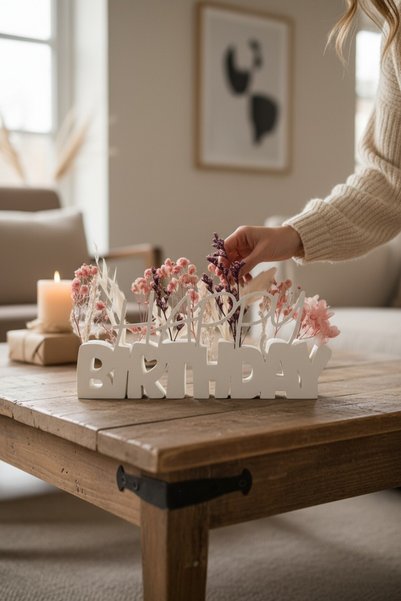 ceatly Birthday Decoration – Happy Birthday Lettering (Flowers Not Included) – Minimalist White Tabletop Ornament