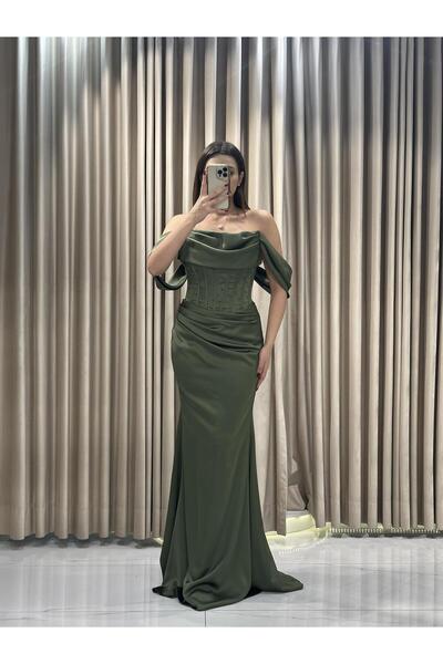 Kaleiçi Yıldızlar Haki Korse Detay İncili Abiye Elbise |