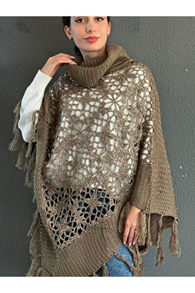 Gönülden Tasarım Knitted Tricot Motifed Tasseled High Neck Poncho Shawl