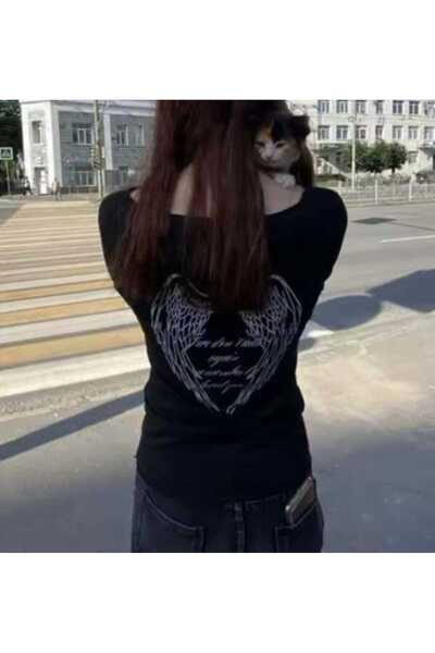 İsra Ayyıldız Moonstar Collection Gotik Sırt Baskılı Wing Geniş Yaka Y2K Uzun...