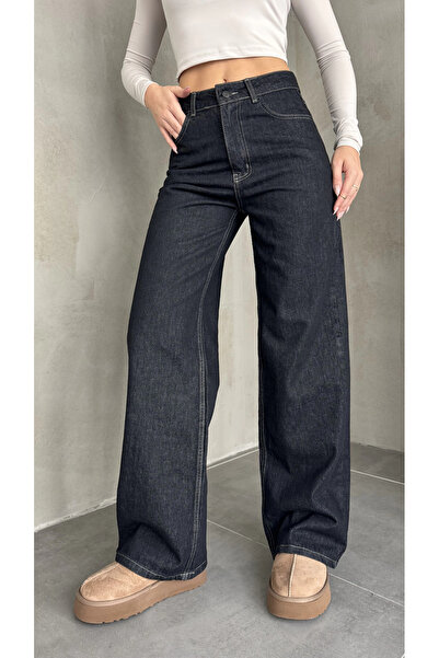 asfamoda بنطلون جينز نسائي أسود سادة واسع الساقين بخصر عالٍ وقصة فضفاضة قابل ...