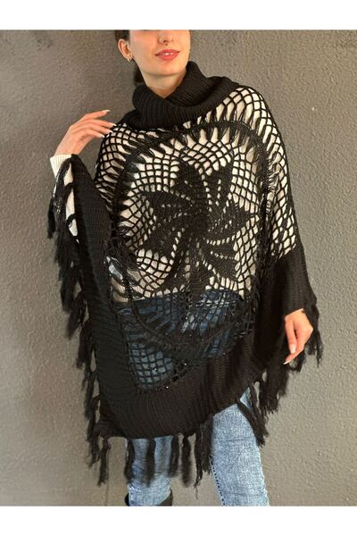 Gönülden Tasarım Knitted Tricot Motifed Tasseled High Neck Poncho Shawl