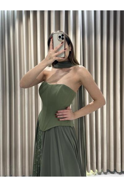 Kaleiçi Yıldızlar Haki Straplez Şifon Dantel Detay Yeni Sezon Abiye 5681