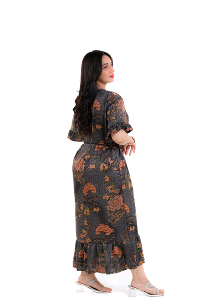 amaan Women's Modern Floral Print Galaxy Fabric Midi Jalabiya Flutter Sleeves, Dress with Rope Tie Belt