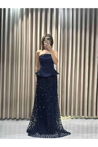 Kaleiçi Yıldızlar Lacivert Straplez Payet Desenli Ebise Abiye Elbise |