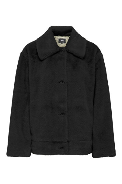 ONLY Women's Faux Fur Button Closure Black Jacket - 15350360