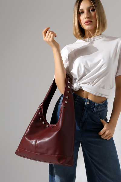 BALANZ Geantă de damă bordeaux cu detaliu cu împânzire, geantă de umăr și gea...