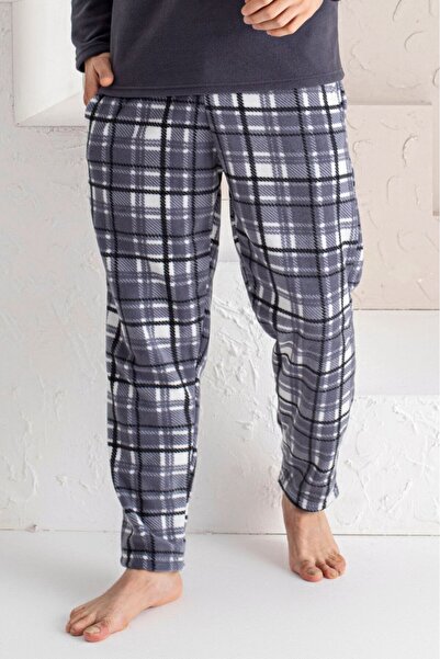 embody Men's cocolino pyjamas, soft and warm soft polar fleece, long plaid sleeves and trousers, grey 7210