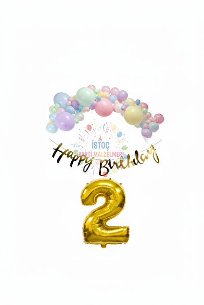 İSTOÇ PARTİ Happy Birthday Written Calligraphy Banner Macaron Balloon Set 2 Y...