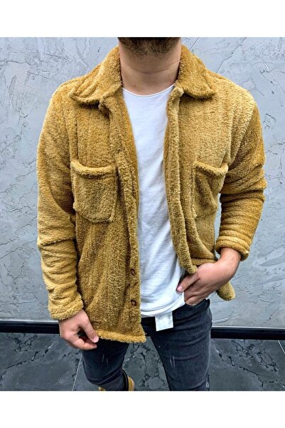 Baycombine35 Men's Mustard Button Detailed Pocket Plush Jacket Large