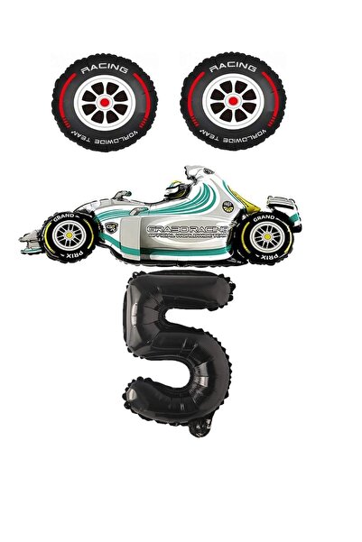 Generic Brand White Race Car Rubber and Black Number Foil Balloon Set Age 5