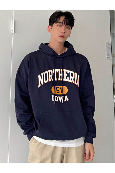 MOONBULL Unisex Navy Blue Northern Printed Hooded Sweatshirt