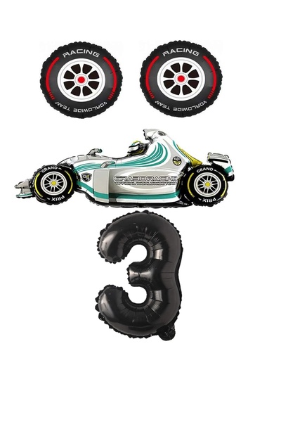 Generic Brand White Race Car Rubber and Black Figure Foil Balloon Set Age 3