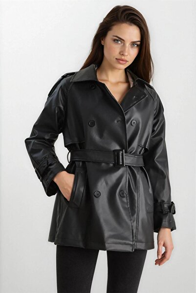 WeShaya Siyah Kruvaze Yaka Kuşaklı Kısa Suni Deri Trençkot