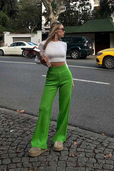 Swist Çimen Yeşili Yüksek Bel Beli Lastikli Kadın Triko Pantolon