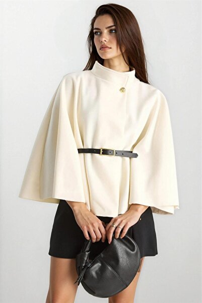 WeShaya Cream Gold Button Detailed Belted Wool Poncho