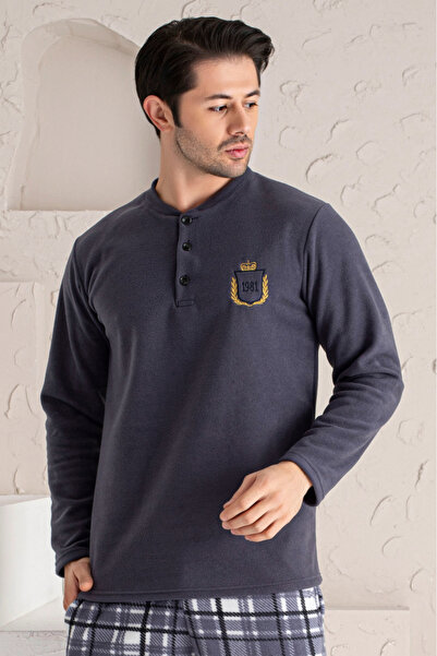 embody Men's cocolino pyjamas, soft and warm soft polar fleece, long plaid sleeves and trousers, grey 7210