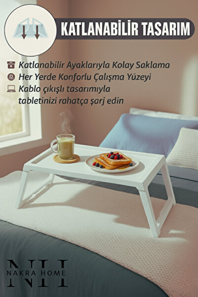 NAKRA HOME Katlanır Sehpa Tablet - Bilgisayar Sehpası Yatak Üstü Kahvaltı Sehpası , Çocuk Oyun Masası "Beyaz"