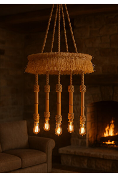 Ağış Elektrik AĞIŞ Concept Taş Ev Serisi El Yapımı Doğal Rafya & Bambu Halatlı 5’li Rustik Avize Tasarım