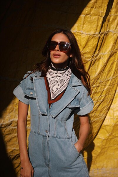 NİLİST Cotton Brown Edged Navy Blue White Shawl Patterned Scarf