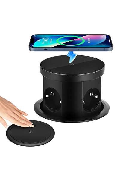 ATOMKIT ATOMKIT® One Z 5-in-1 recessed socket, 3 sockets, USB-A, USB-C, wireless 15W, pop-up, Modern, Black