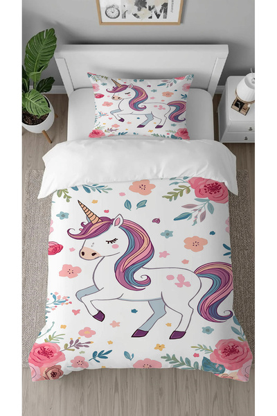 GREENDECOR Unicorn Flower Patterned Digital Printed Special Design Single Children's Duvet Cover Set Without Sheets