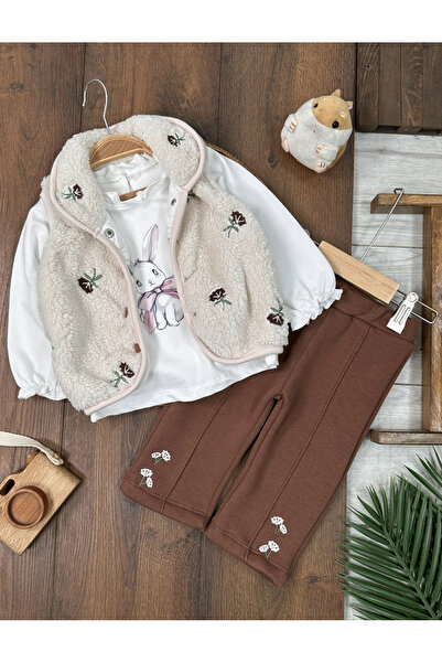 Bolly Baby Plush Vest with Floral Embroidery and Rabbit Print, 3-Thread Cotto...