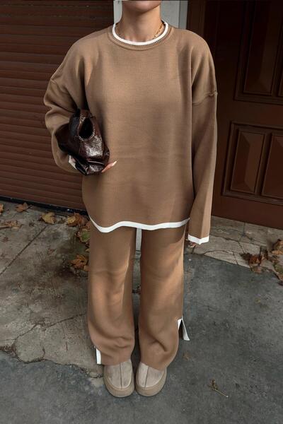 Swist Mink Uma Intersiye Striped Slit Oversize Sweater-Pants Women's Knitwear Top and Bottom Set