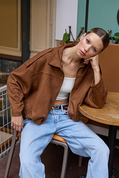 WOMKA Women's Epaulet Skirt Gathered Nubuck Short Jacket