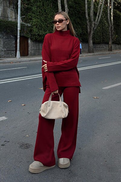 Swist Kırmızı Dik Yaka Arkası Uzun Kazak-Pantolon Kadın Triko Alt Üst Takım