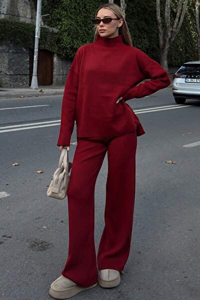 Swist Kırmızı Dik Yaka Arkası Uzun Kazak-Pantolon Kadın Triko Alt Üst Takım