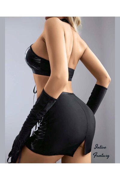 İntive Lingerie Intive Fantasy Wrap Cut Bustier and Skirt Set with Tie-Up Detail Black Bustier Skirt Set