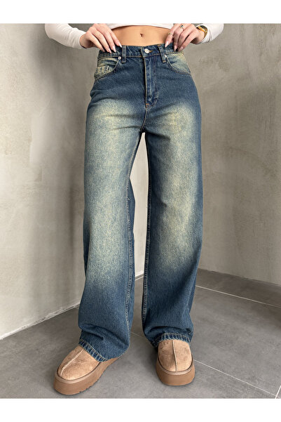 asfamoda Γυναικείο μπλε πράσινο παντελόνι τζιν με φαρδύ πόδι με ψηλόμεσο κορδόνι